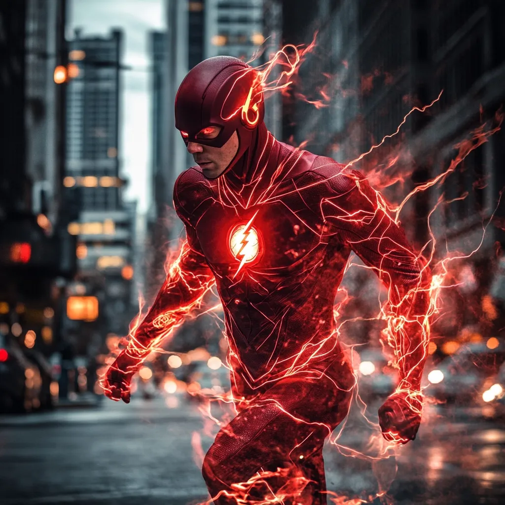 The image depicts The Flash, a DC Comics superhero, in dynamic motion through a city at night.  His red suit is ablaze with fiery, electrical energy, highlighting his super-speed. The blurred city backdrop emphasizes his incredible velocity.  The overall effect is dramatic and visually arresting, conveying both power and speed.  The lighting is dark and moody, accentuating the vibrant red of his suit and the energy crackling around him.