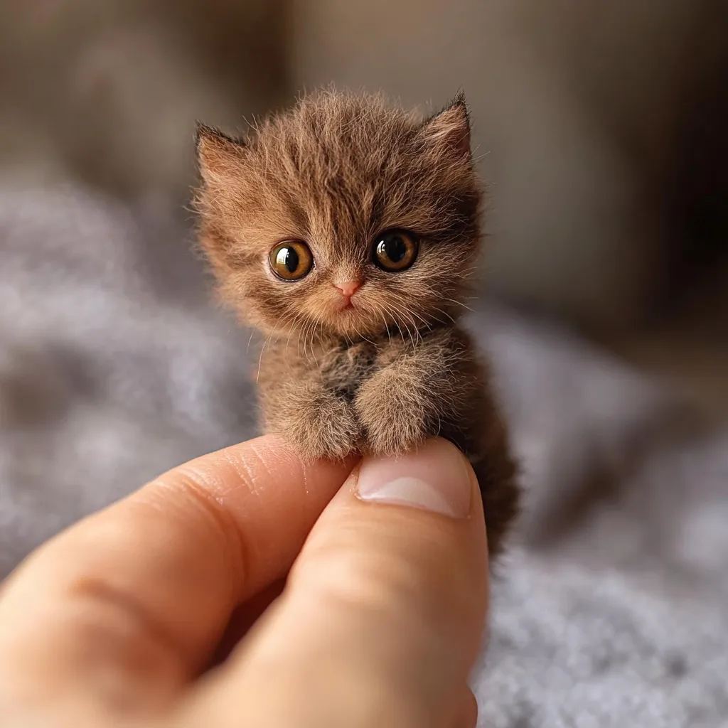 A tiny brown kitten, incredibly fluffy, is gently cradled in a person's hand.  Its large, round eyes stare directly at the camera, conveying a sense of both vulnerability and charm. The kitten's paws are neatly tucked together, and its fur appears soft and thick. The background is blurred, drawing focus to the adorable miniature feline. The overall image is heartwarming and evokes feelings of tenderness.