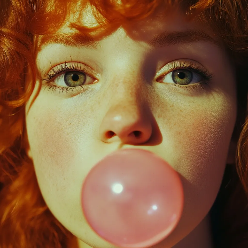 Close-up of a young woman with vibrant red, curly hair and light skin speckled with freckles.  She's blowing a large, pink bubble of gum. The sunlight illuminates her face, highlighting her features and the texture of her skin. Her green eyes are captivating, and her expression is serene, almost childlike.  The overall image is warm and nostalgic.