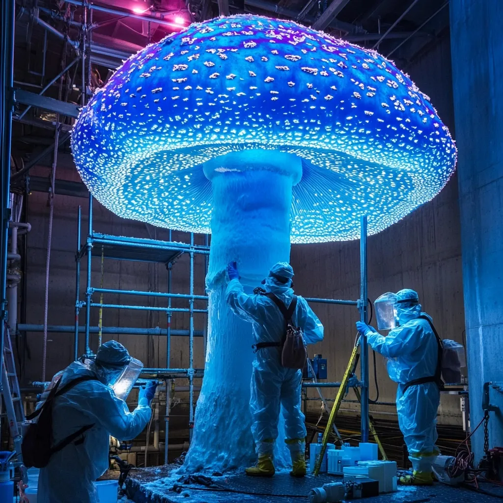 Three figures in hazmat suits work around a massive, glowing blue mushroom sculpture.  The mushroom's cap is illuminated from within, creating a vibrant, otherworldly effect.  The scene is set in a large industrial space with scaffolding visible, suggesting the artwork is either under construction or undergoing maintenance.  The overall atmosphere is surreal and intriguing, blending artistic creation with a technical, perhaps scientific, environment.