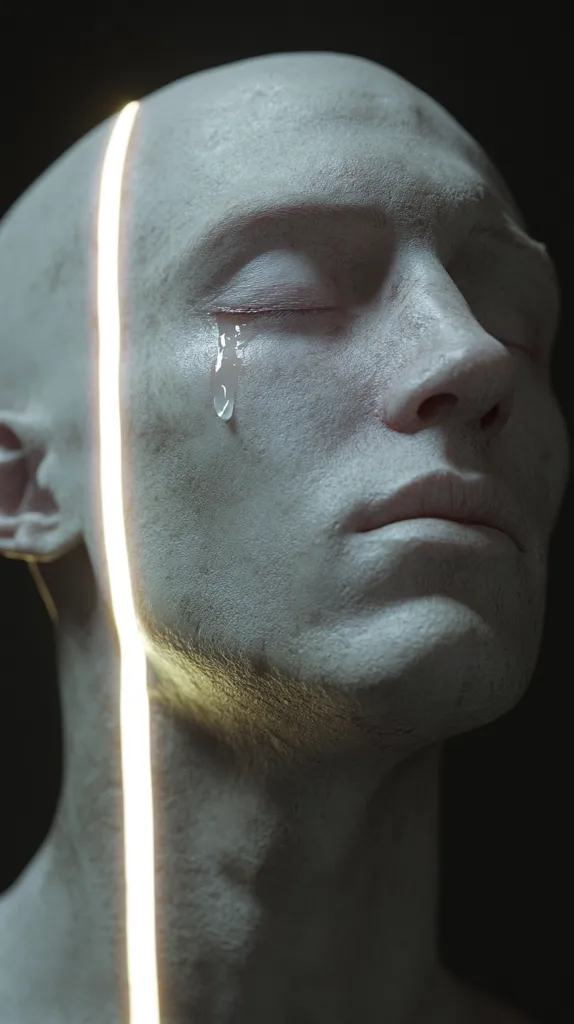 Close-up of a pale, sculpted face, eyes closed, with a single tear tracing a path down its cheek.  A glowing, vertical line of light bisects the face, creating a dramatic contrast against the textured skin. The overall mood is melancholic and somewhat surreal, hinting at themes of vulnerability and inner turmoil. The image's dark background emphasizes the subject's pale features and the ethereal quality of the light.