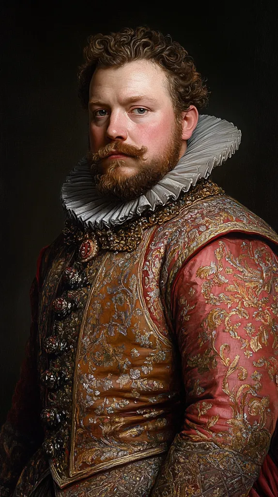 A meticulously detailed portrait showcases a man in 17th-century attire. He sports a large, pleated white ruff around his neck, complemented by an intricately embroidered, reddish-brown doublet and vest.  His curly brown hair and neatly trimmed beard and mustache add to his regal appearance. The dark background enhances the vibrancy of his clothing and the man’s serious, almost pensive expression. The style is reminiscent of Dutch Golden Age portraiture.