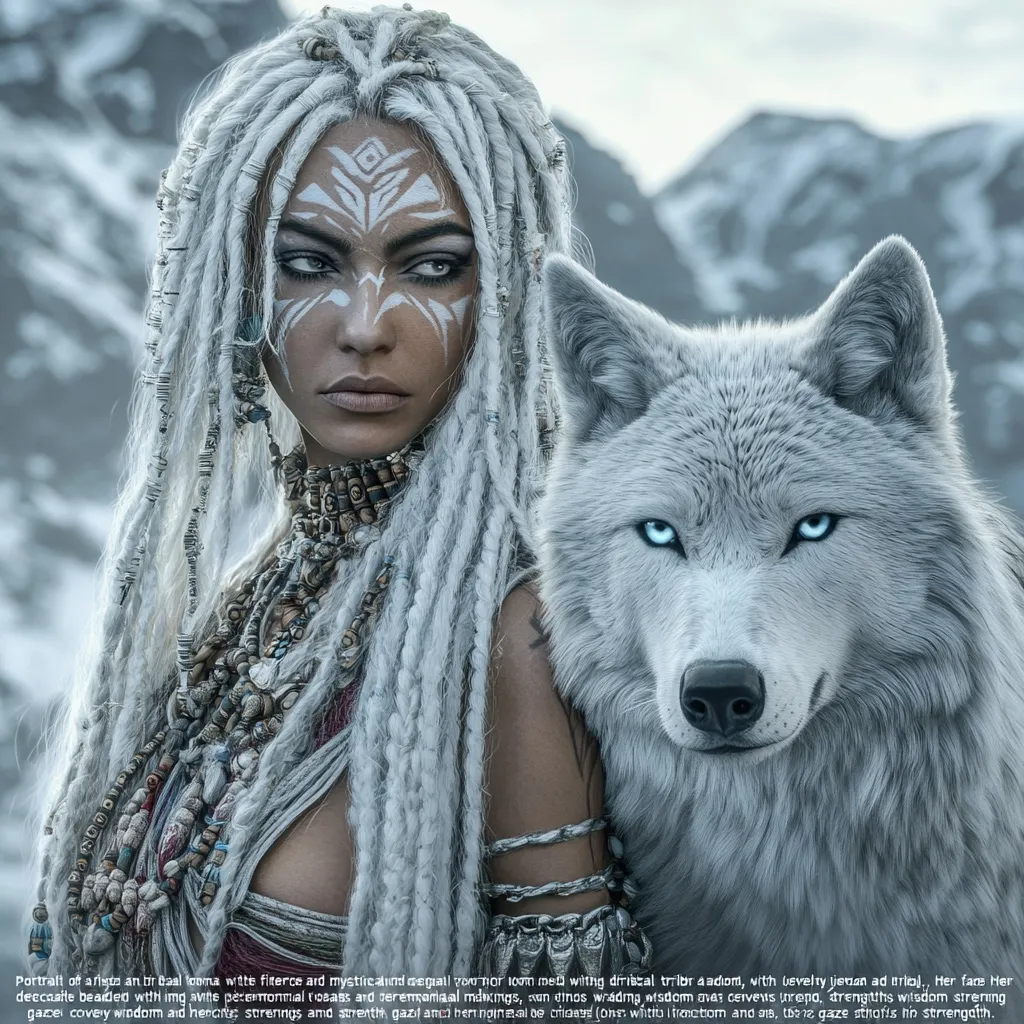 A digitally created portrait depicts a woman with long, white dreadlocks and tribal face paint, adorned with beaded necklaces and bracelets.  She is intimately close to a large, pale grey wolf with piercing blue eyes. The backdrop suggests a snowy, mountainous landscape. The woman's expression is serious and intense, conveying strength and a connection with the wolf, symbolic of wildness and power. The overall aesthetic is mystical and otherworldly.