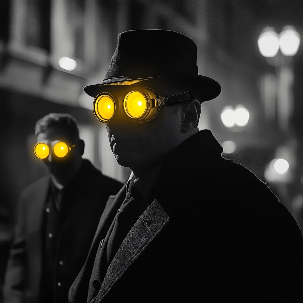 Here's a description of the image:

The image is a black and white photograph, dramatically lit, featuring two men in shadowy attire.  The central figure, sharply in focus, wears a fedora and goggles with bright yellow lenses that glow intensely.  He appears serious and mysterious.  Behind him, slightly blurred, is a second man, similarly attired, also wearing goggles with the same luminous yellow lenses.  The background suggests a city street at night, with blurred lights creating a bokeh effect. The overall mood is dark, suspenseful, and reminiscent of film noir or a spy thriller.