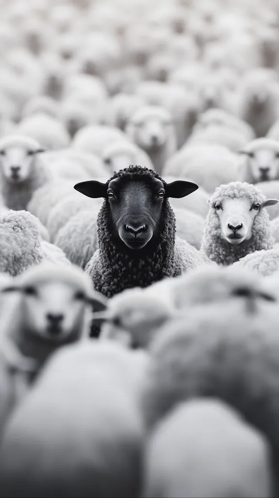 Here's a description of the image:

A single black sheep stands out prominently against a massive crowd of white sheep. The black sheep is positioned centrally, its gaze directed forward, creating a stark contrast. The white sheep are blurred, indicating depth of field and emphasizing the black sheep's isolation.  The overall tone is monochrome, enhancing the visual impact of the black sheep and suggesting a theme of individuality or standing out from the crowd.