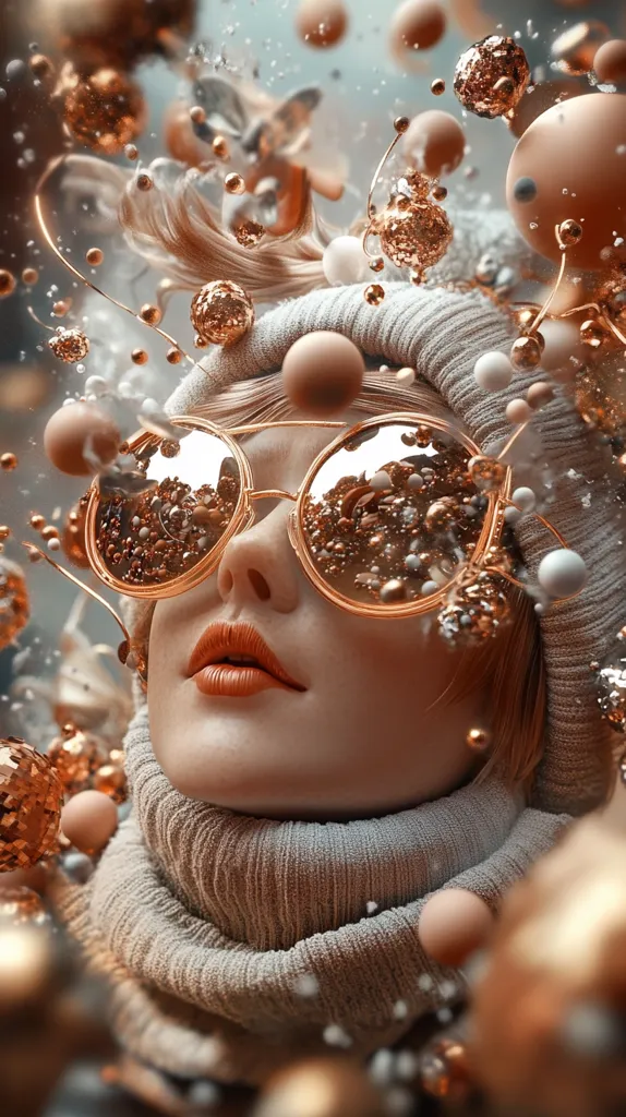 Here's a description of the image:

The image is a stylized, artistic portrait of a woman's face. She wears a light beige knit turtleneck and matching beanie, and large, round, gold-rimmed sunglasses reflecting a flurry of metallic gold and off-white spheres. These spheres appear to float around her head and neck, creating a surreal, almost dreamlike atmosphere. Her hair is light brown or blonde, partially visible beneath the hat.  The overall color palette is warm, with the gold and beige tones creating a luxurious and festive feeling.  The style suggests digital art or photo manipulation.