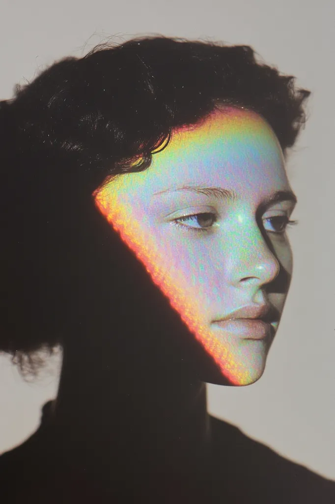 Here's a description of the image:

The photograph features a close-up of a person with dark, curly hair.  Half of their face is illuminated by a projected, iridescent rainbow light, creating a striking contrast with the shadowed side. The light appears to be a triangular shape, casting a vibrant spectrum of colors onto their skin. Their expression is calm and contemplative, their gaze directed slightly away from the camera. The overall mood is ethereal and artistic, with a focus on the interplay of light and shadow.