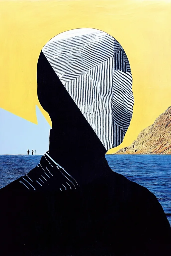 The artwork is a stylized portrait of a person's back and head, rendered in a bold, graphic style.  The head is partially obscured by a striking pattern of black and white stripes and a black geometric shape, creating an abstract element.  The figure is silhouetted against a seascape; a calm blue sea stretches to a distant, sunlit tan coastline with three tiny figures walking in the distance. The background features a vibrant yellow sky, adding a contrasting warmth to the cool tones of the water and the figure. The overall effect is one of stark contrast and intriguing visual ambiguity.