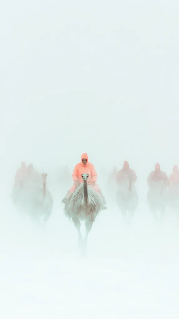 A lone ostrich rider in a bright orange hooded jacket leads a pack of ostriches through a thick, white fog. The other riders are blurred and indistinct, their forms barely visible in the hazy conditions.  The scene is monochromatic, with the orange of the leading rider's clothing standing out against the muted white background. The overall impression is one of isolation and the struggle against challenging weather.