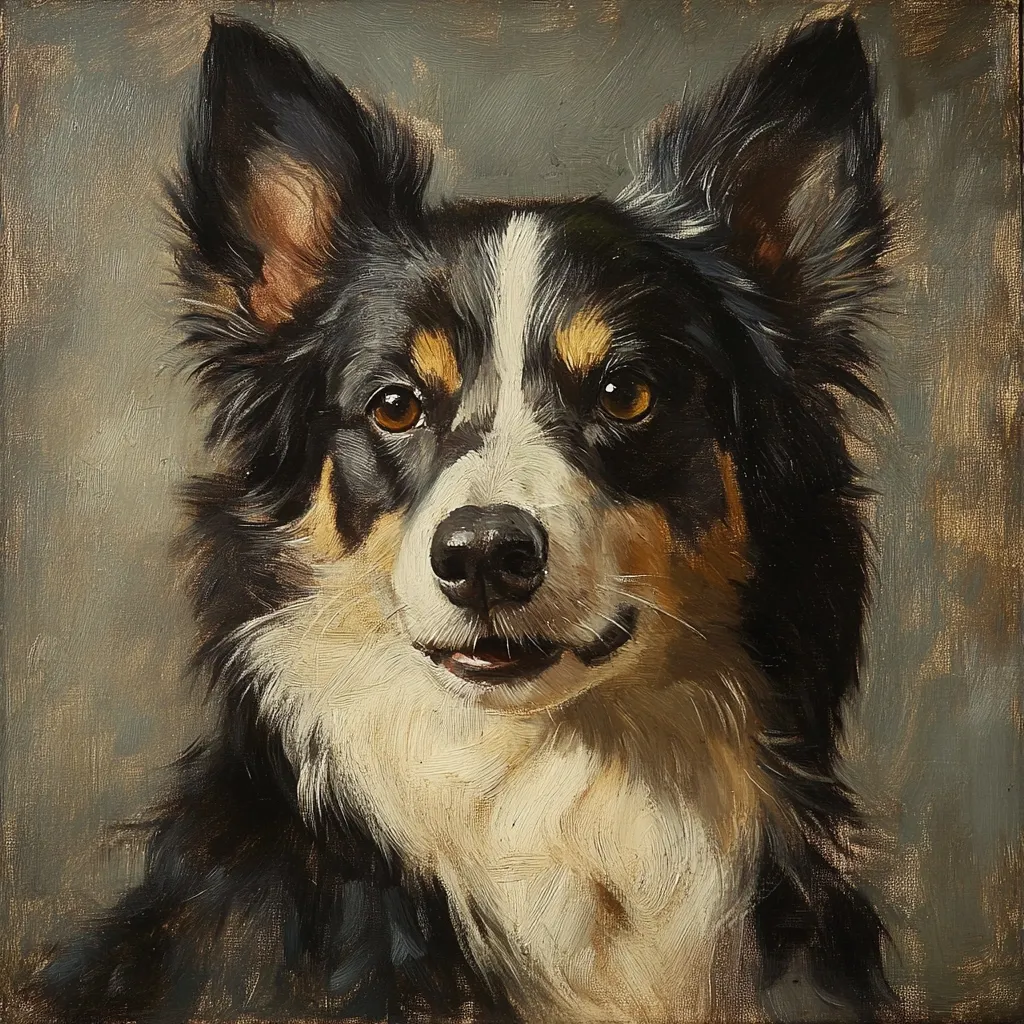 This is an oil painting of a Border Collie. The dog is presented in a head-and-shoulders composition, gazing directly at the viewer. Its coat is predominantly black and white, with touches of tan around the eyes and ears. The artist employs a painterly style with visible brushstrokes, capturing the texture of the dog's fur and the subtle variations in lighting. The background is a muted grayish-brown, allowing the dog to stand out as the focal point.  The overall mood is one of quiet dignity and gentle attentiveness.