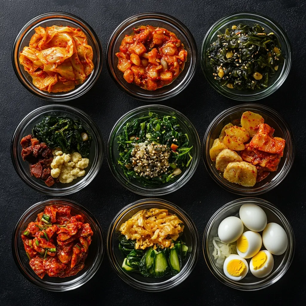 Nine small glass bowls filled with various Korean side dishes (banchan) are arranged on a dark surface.  The dishes include kimchi, seasoned spinach,  potatoes with kimchi, and other colorful vegetable preparations.  Some bowls contain  boiled eggs. The vibrant colors and textures of the food are clearly visible, showcasing a diverse and appealing spread.