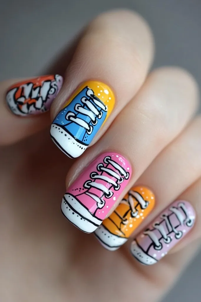 A close-up shot showcases a vibrant nail art design. Each nail features a miniature painted sneaker in a different pastel color—blue, pink, orange, and lavender—with white laces. The sneakers are stylized, with bold outlines and simple details. The nails are neatly manicured, and the colors are bright and cheerful, creating a playful and youthful aesthetic. The background is a muted gray, allowing the nail art to stand out prominently.