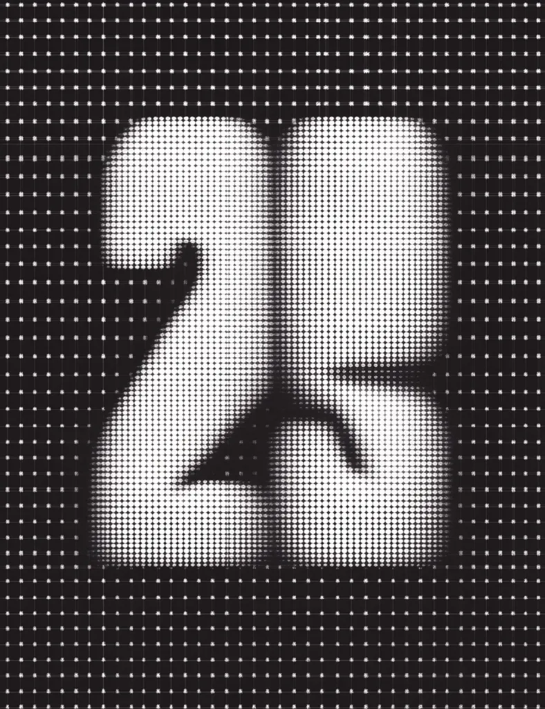 The image shows the number 25 rendered in a halftone style.  The numbers are composed of numerous small white dots on a black background, creating a textured, almost three-dimensional effect.  The background itself is a grid of smaller, evenly spaced dots, providing a consistent pattern that contrasts with the larger dots forming the numerals. The overall aesthetic is minimalist and graphic, suggestive of vintage print techniques.