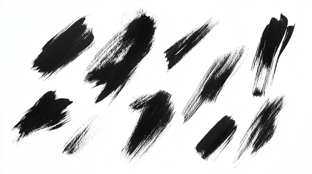 The image shows a collection of abstract black brushstrokes on a white background.  The strokes vary in size, shape, and direction, creating a dynamic and expressive composition.  Some are short and thick, others long and thin, exhibiting a range of textures and densities from the application of paint. The overall effect is bold, energetic, and slightly chaotic.