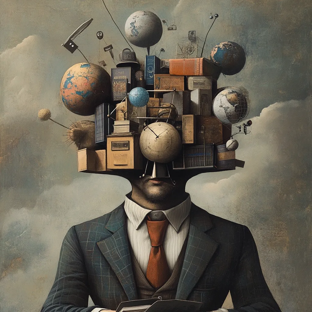 A surreal painting depicts a man in a suit.  His head is replaced by a complex, precarious structure of globes, books, boxes, clocks, and scientific instruments, suggesting an overloaded mind or the burdens of knowledge. The overall style is reminiscent of  Surrealism, with a muted color palette and a focus on the juxtaposition of realistic and fantastical elements. The clouds in the background add a sense of depth and mystery. The image evokes themes of intellectual burden, the vastness of knowledge, and the pressure of modern life.