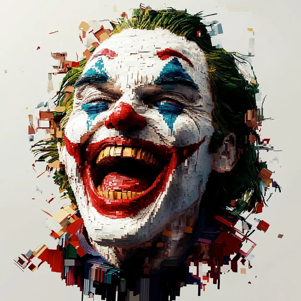 Here's a description of the image:

The image is a stylized portrait of the Joker, seemingly composed of numerous small, square pixels of varying colors. His wide, manic grin is prominent, showcasing red lips, white face paint, and gold teeth. His green hair is disheveled and appears to be fracturing into pixelated fragments that extend outward, creating a dynamic, almost explosive effect. The overall style is reminiscent of digital art or a pixelated mosaic, imbuing the Joker's already unsettling visage with a further sense of chaotic energy.  The background is a muted off-white, making the vibrant Joker's face the focal point.