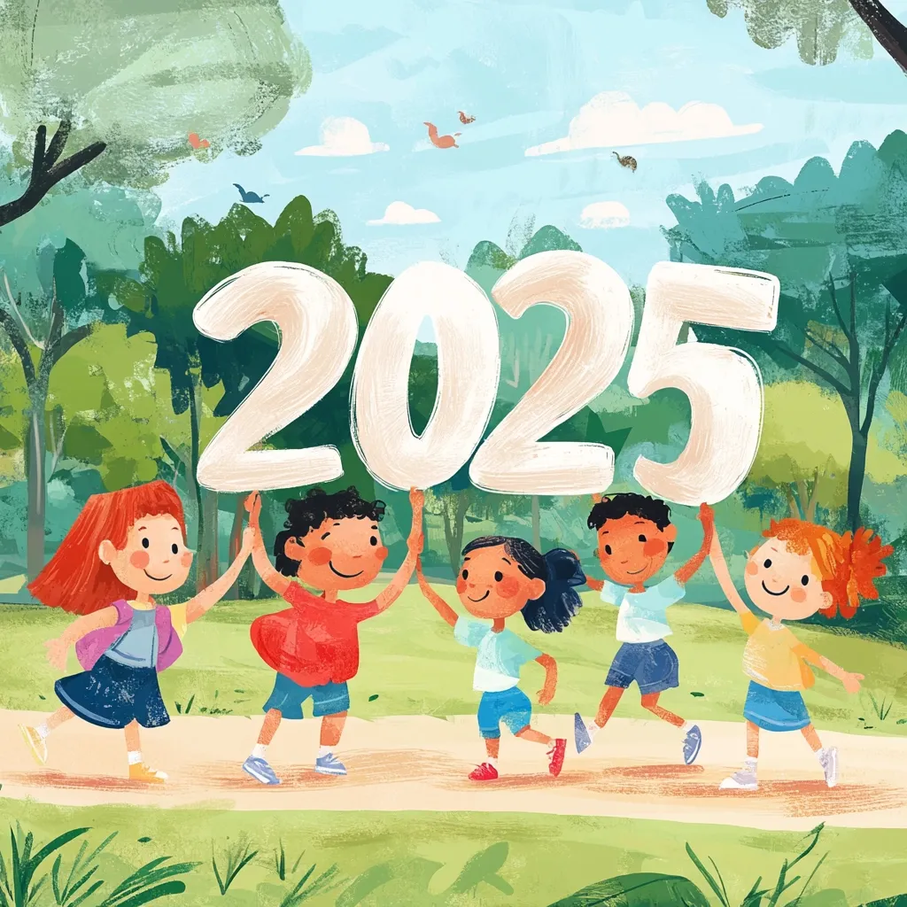 Here's a description of the image:

A cheerful illustration depicts five children of diverse ethnicities collaboratively lifting large, off-white numerals forming "2025" in a park setting.  The children, smiling brightly, are dressed in casual summer attire. Lush green trees and a sunny sky create a vibrant, playful background. The art style is painterly and whimsical, with slightly textured brushstrokes adding to the overall happy and optimistic tone, suggesting a new year's celebration or anticipation.