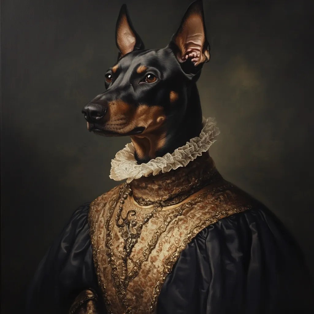 Here's a description of the image:

The artwork is a striking, painterly portrait of a Doberman Pinscher dog dressed in elaborate Renaissance-style clothing. The dog, with its sleek black and tan coat, is positioned against a dark, moody background. It wears a richly detailed gown with a gold and tan patterned bodice, a black velvet-like outer garment, and a lacy white ruff at the neck. A gold necklace with a prominent pendant adds to the regal appearance. The style mimics classical portraiture, giving the canine subject a dignified and almost aristocratic air. The attention to detail in both the dog's fur and the clothing's texture is exceptional, creating a realistic yet artistic effect.