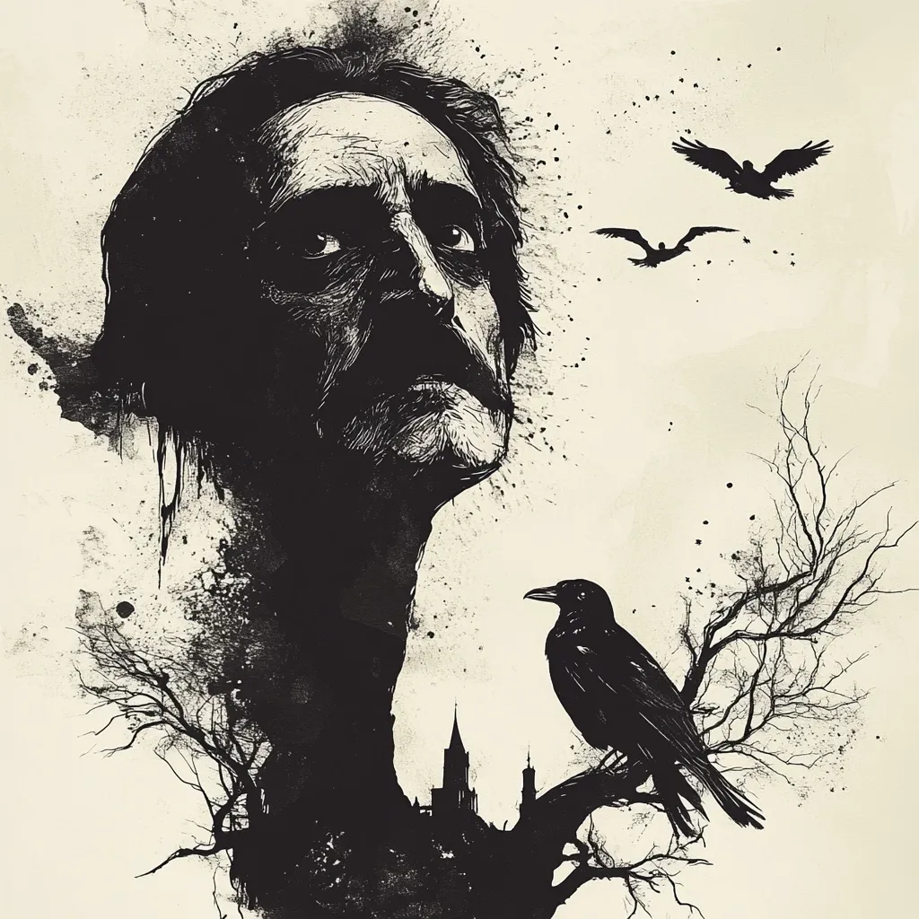 Here's a description of the image:

The artwork is a stark black and white piece featuring a stylized portrait of a man, possibly older, with a haunted expression.  His face is rendered in a detailed, almost etched style, contrasting with the splatter-paint background.  The man's head and neck merge into a dark, tree-like form, from which a large black crow perches on a barren branch.  Smaller birds fly in the background, adding to the somber atmosphere. A small church or castle silhouette is visible within the tree-like structure at the man's base. The overall mood is dark, mysterious, and evocative of gothic themes.