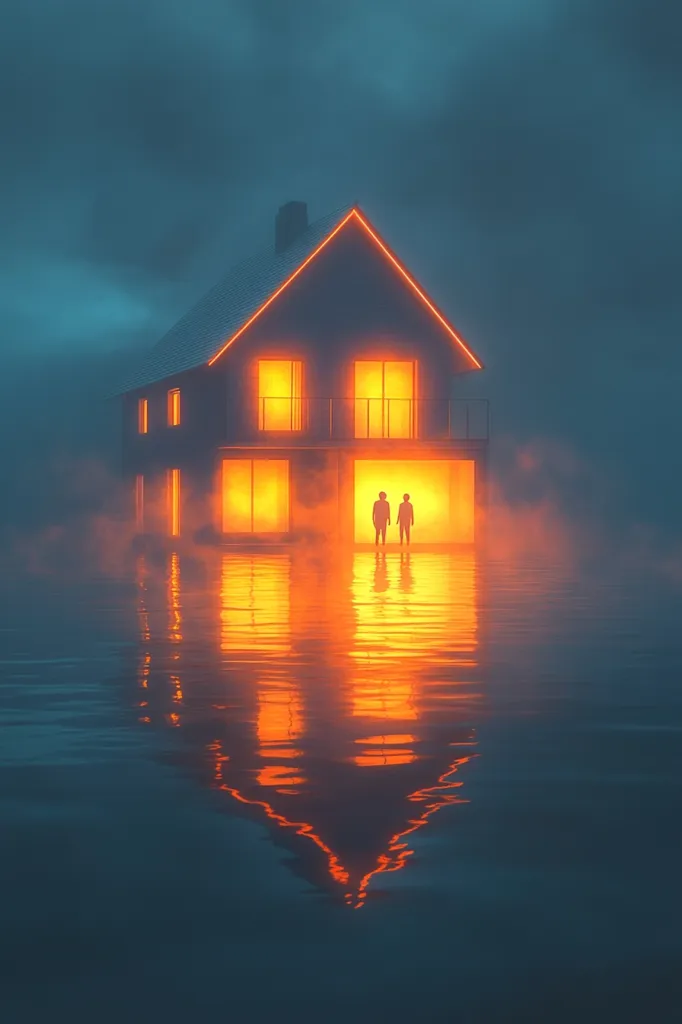 Here's a description of the image:

The image depicts a modern, two-story house, illuminated from within with warm, orange light, standing in calm, dark water under a dusky sky.  Thick fog or mist hangs low around the house, partially obscuring the view. Two silhouetted figures stand inside the house, near the glass doors at ground level, creating a sense of mystery and isolation. The house's reflection is clearly visible on the water's surface, mirroring the warm glow.  The overall mood is atmospheric and somewhat ominous.