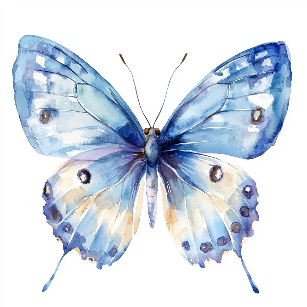 Here's a description of the image:

The image is a watercolor painting of a butterfly. The butterfly is predominantly light blue, with hints of beige and darker blue accents along the edges and wing veins. The wings are delicate and translucent, exhibiting a soft, ethereal quality.  Darker blue circular markings are subtly visible on both the upper and lower wings. The butterfly is presented with its wings fully open, showcasing its symmetrical design against a clean white background. The style is realistic yet romantic, emphasizing the beauty and fragility of the insect.
