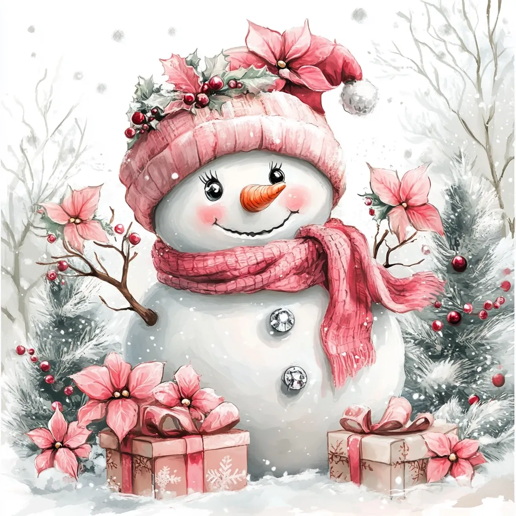 A charming watercolor painting depicts a snowman adorned in a pink hat and scarf.  The snowman has rosy cheeks and a cheerful expression.  Pink poinsettias and holly berries decorate its hat and surround it, along with two elegantly wrapped pink and beige presents nestled at its base.  The background suggests a snowy winter scene with delicate, frost-covered evergreen trees. The overall style is soft, romantic, and festive, perfect for a Christmas card or holiday decoration.