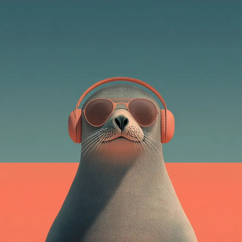 Here's a description of the image:

The image showcases a stylized, almost cartoonish, seal.  The seal is depicted wearing a pair of coral-colored headphones and aviator sunglasses. Its fur is a muted grey, contrasting with the bright accessories. The background is a split scene: a teal top half and a coral-toned bottom half, creating a vibrant yet minimalist backdrop. The seal's expression is serene, almost smug, enhancing the humorous effect of the scene. The overall style is digitally rendered, with a focus on smooth textures and clean lines.