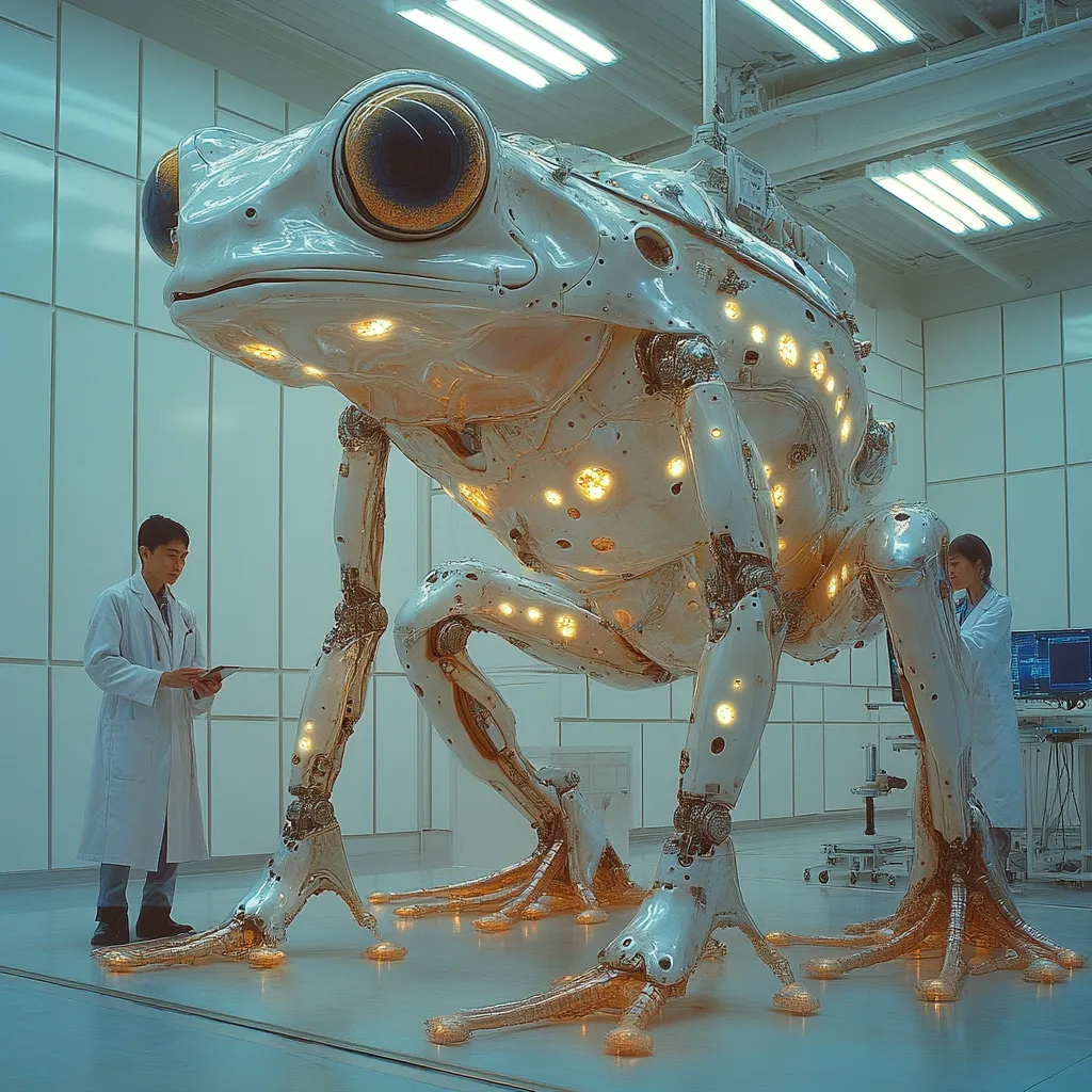 A large, intricately designed robotic frog dominates a sterile, white laboratory. Its metallic, off-white body is adorned with glowing amber lights within its mechanical joints. Two scientists in white lab coats observe the magnificent machine, one holding a tablet, the other inspecting the frog's leg. The scene is brightly lit, emphasizing the robot's detail and the clinical setting. The overall impression is one of futuristic technology and scientific marvel.