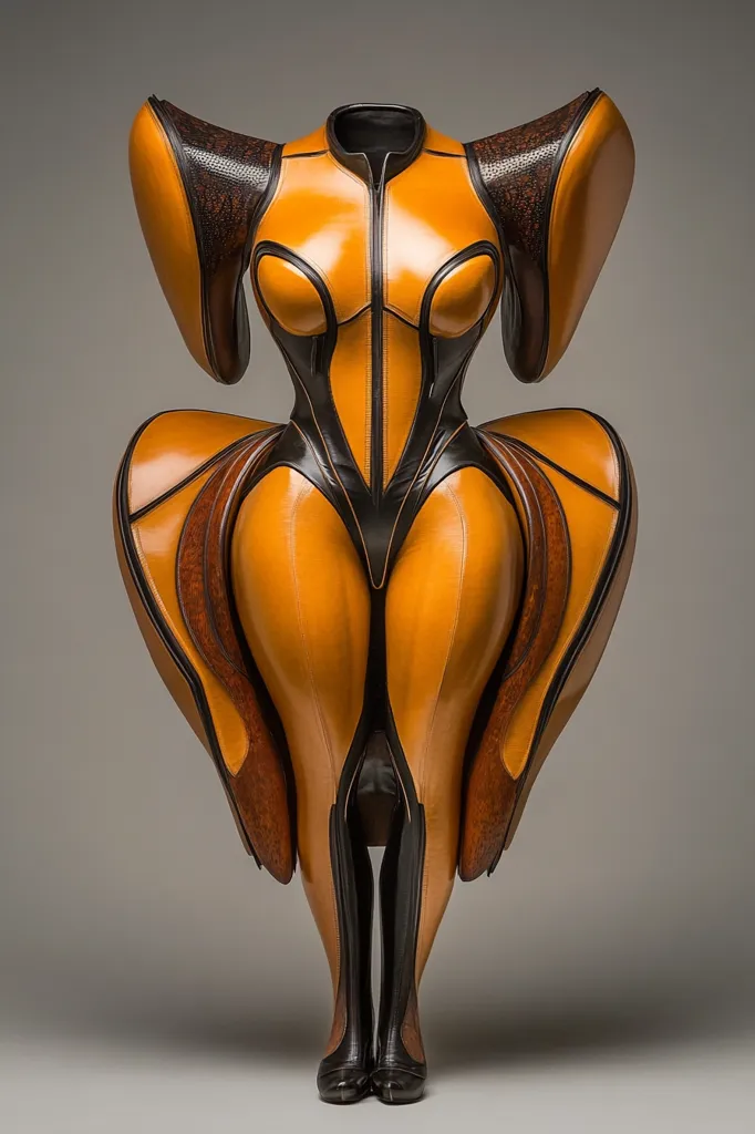 This striking image showcases a unique, sculptural garment.  The piece appears to be crafted from leather in shades of amber and dark brown, with a futuristic, almost insectoid design.  Large, wing-like extensions emerge from the shoulders, contrasting with a fitted bodice and flared lower section.  The ensemble culminates in sleek, dark boots, completing the avant-garde aesthetic.  The overall effect is both elegant and otherworldly.