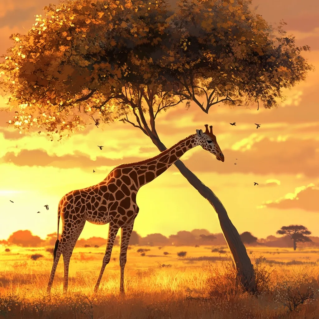 Here is a description of the image:

A serene sunset scene in the African savanna. A lone giraffe stands gracefully beneath a sprawling acacia tree, its long neck curved slightly downward.  The warm, golden light of the setting sun bathes the landscape in a hazy, idyllic glow.  Small birds fly in the distance, adding to the peaceful atmosphere.  The savanna stretches out to the horizon, dotted with sparse vegetation and distant trees, creating a tranquil and beautiful African vista.
