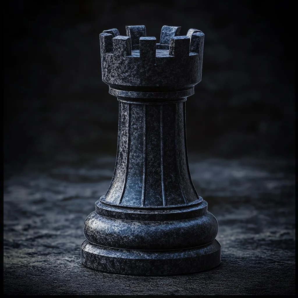 Here is a description of the image:

The image showcases a single, dark gray or black chess rook, meticulously detailed and seemingly crafted from granite or a similar material. The rook's texture is rough, suggesting a stone-like finish.  Its crenellated crown and cylindrical base are clearly visible against a blurred, dark background that enhances the piece's prominence. The lighting emphasizes the rook's form and texture, creating a dramatic and somewhat moody atmosphere. The overall impression is one of strength, solidity, and possibly age.