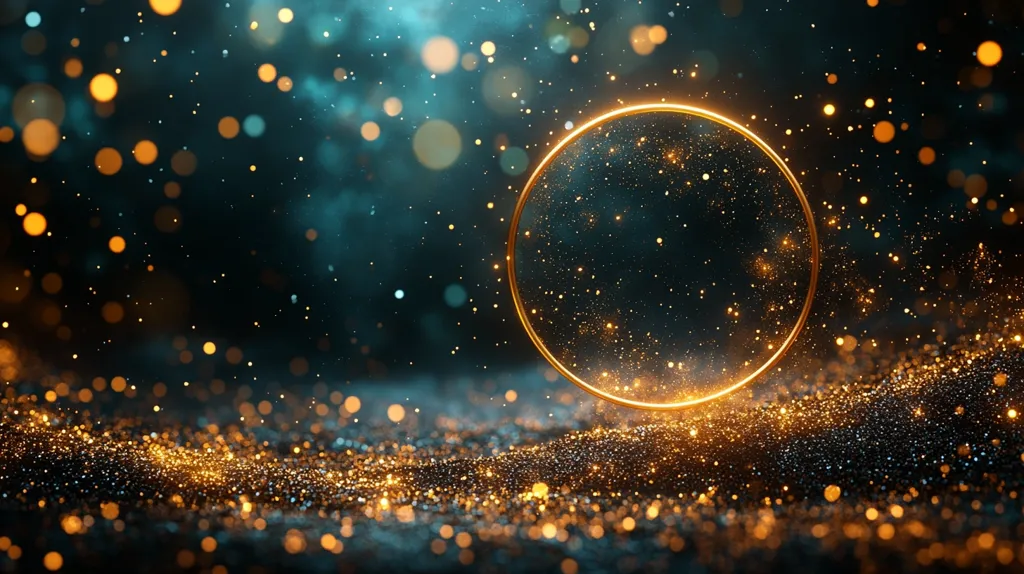 The image depicts a dark, atmospheric scene filled with golden and teal bokeh lights.  A glowing, golden ring rests on a bed of sparkling, dark glitter, which undulates subtly. The background is a blend of deep blues and blacks, with the out-of-focus lights adding depth and a sense of magic or celebration. The overall effect is one of luxurious darkness and shimmering elegance.