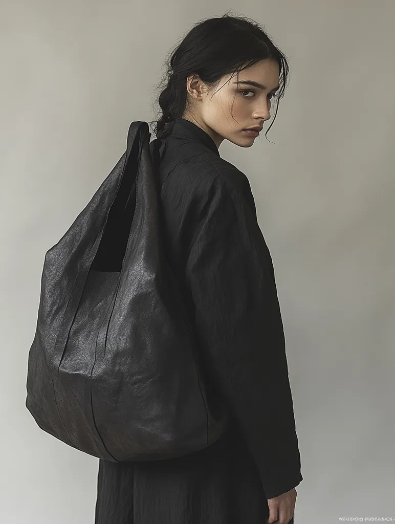 A young woman with dark hair styled in a low ponytail, wears a simple, black, long-sleeved tunic.  She carries a large, slouchy black leather tote bag slung over her shoulder.  The bag appears soft and unstructured, hanging loosely against her back.  The overall aesthetic is minimalist and monochromatic, with a focus on muted tones and simple lines. The background is a plain, light grey.
