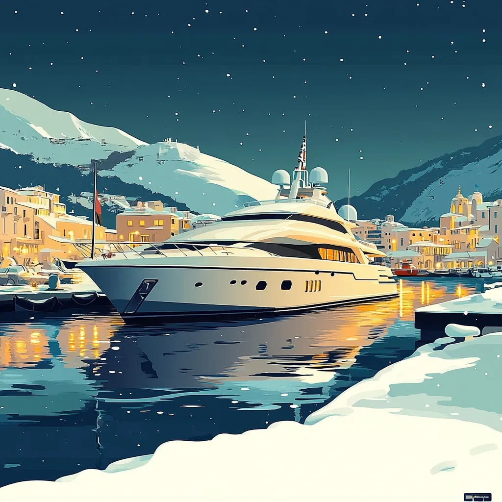 A large, white yacht sits in a snow-covered harbor at night.  The harbor is nestled between snow-dusted mountains, and warm lights illuminate the buildings along the waterfront.  The scene is peaceful and serene, with a starry sky overhead and light snowfall.  The yacht's reflection is visible in the calm water, creating a symmetrical composition. The overall style is painterly and digitally rendered, evoking a sense of luxury and winter tranquility.