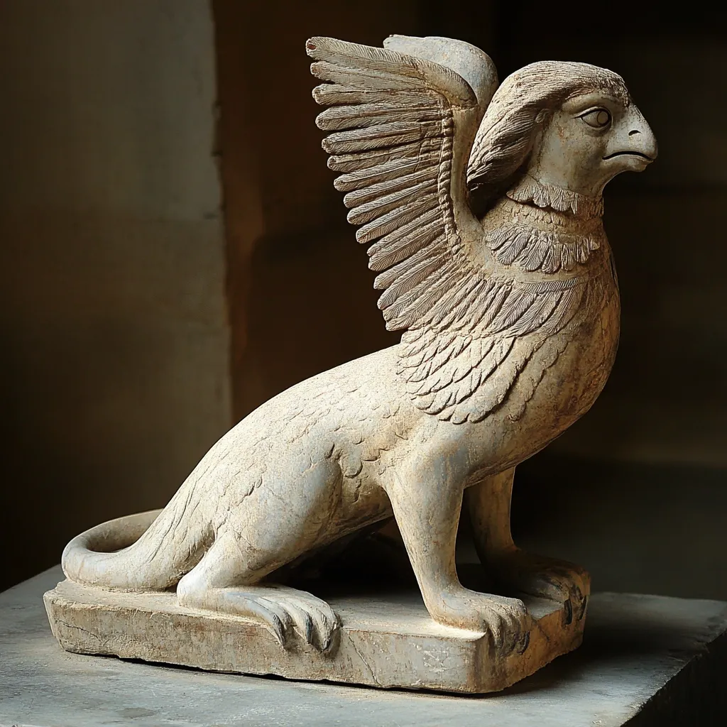 Here is a description of the image:

The image shows a detailed close-up of a stone sculpture of a griffin. The griffin is depicted in a seated position, its wings spread majestically behind it. The stone is light beige, and the carving is intricate, showcasing detailed feathers on the wings, fur-like texture on the body, and sharp claws on its feet. The griffin's head is turned slightly to the right, and its expression appears alert and proud. The sculpture rests on a rectangular base of the same material. The background is dark and blurred, focusing attention on the finely crafted griffin. The overall impression is one of age and artistry, suggesting an artifact of historical or cultural significance.