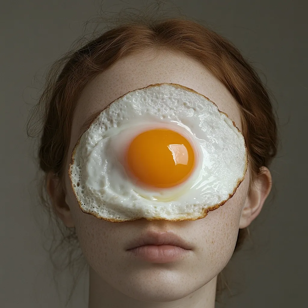 Close-up view of a young woman with red hair.  A perfectly fried egg, yolk bright orange, completely covers her eyes. The egg's crisp white and browned edges contrast with her pale, freckled skin. The image is surreal and striking, creating a whimsical and slightly unsettling juxtaposition of food and human features.  The background is a muted grey-brown.