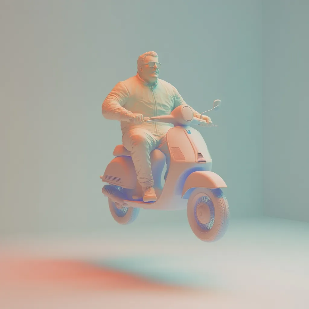 A pastel-colored 3D rendering depicts a stout man with sunglasses riding a vintage scooter.  The man is rendered in a monochromatic light peach tone, as is the scooter. The image has a minimalist, almost surreal feel, set against a similarly muted background. The scooter appears to be floating slightly above a pale surface, creating a sense of lightness and movement. The overall style is clean and modern with a retro scooter aesthetic.