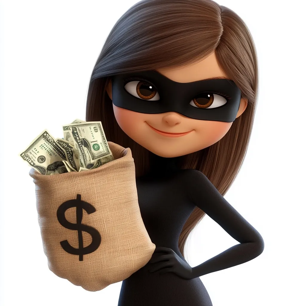 A 3D-rendered cartoon girl, styled as a supervillain, is depicted. She possesses long brown hair, a black mask concealing her eyes, and a black bodysuit.  With a smug expression, she proudly holds a burlap sack overflowing with US dollar bills. The sack features a large dollar sign, emphasizing her successful heist. The image is clean and brightly lit against a white background.  Her overall presentation is playful yet slightly mischievous.