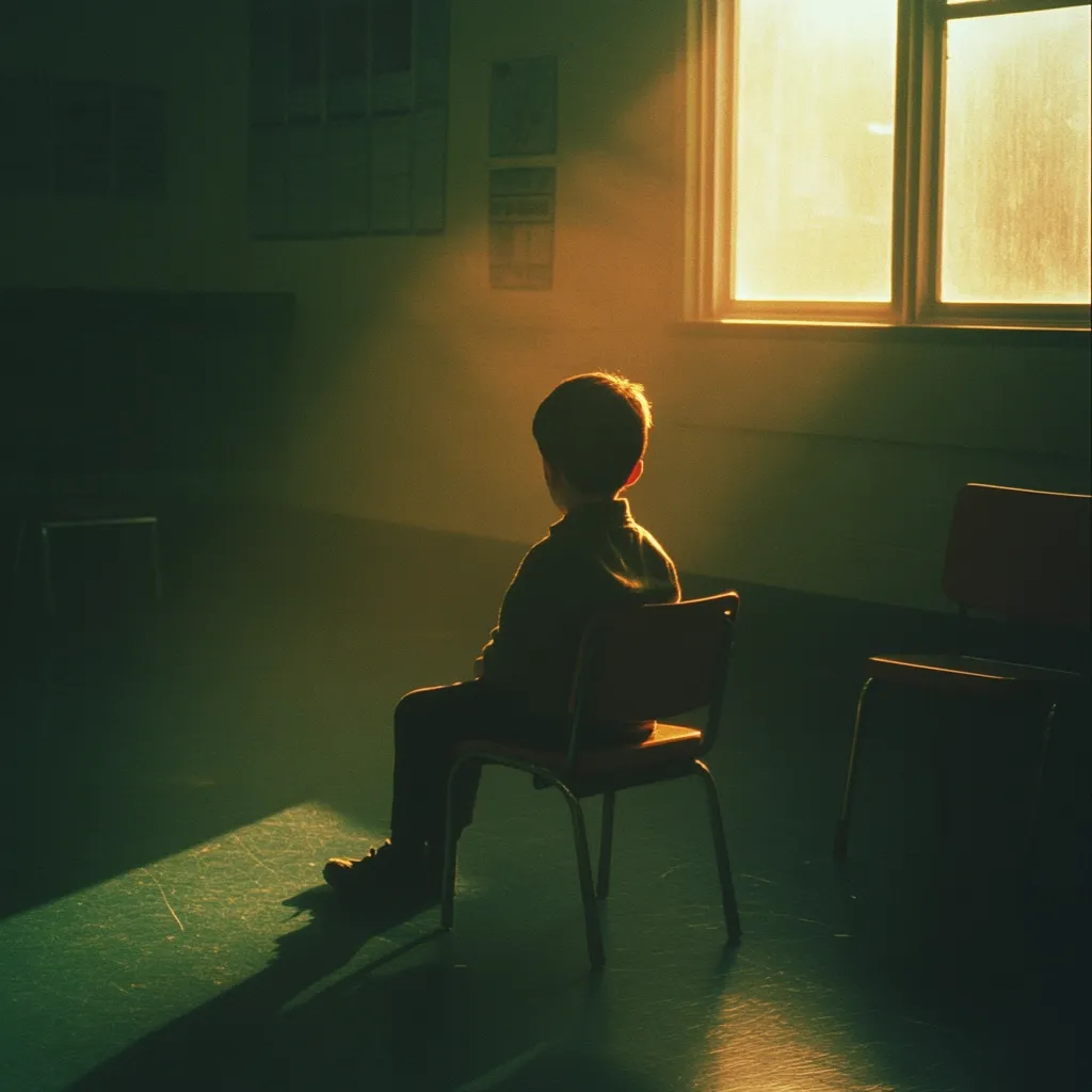 A young boy sits alone in a dimly lit room, bathed in the golden light streaming from a large window. His back is to the viewer, his posture slumped slightly. He's seated in a small wooden chair, other chairs sit empty in the background, suggesting an empty classroom or waiting area. The atmosphere is somber and contemplative, the image evoking feelings of loneliness or isolation.  The overall tone is dark and moody, emphasized by the contrast between the bright window and the shadowed corners of the room.