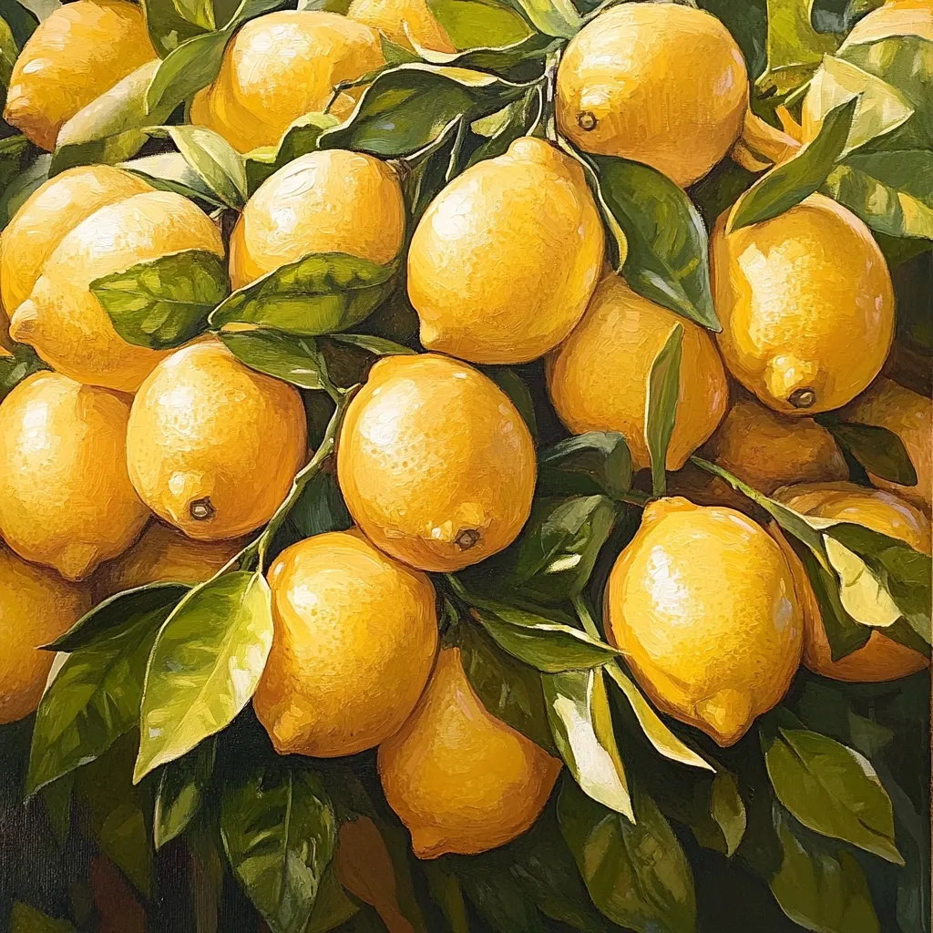 A vibrant painting showcases a bountiful cluster of lemons hanging from a tree.  The lemons, rendered in rich yellow hues with subtle highlights, are densely packed together, their glossy skins suggesting ripeness. Lush, deep green leaves surround the fruit, creating a striking contrast. The overall impression is one of abundance and the warmth of a sunny citrus grove. The artist's skill is evident in the detailed rendering of both the fruit and foliage.