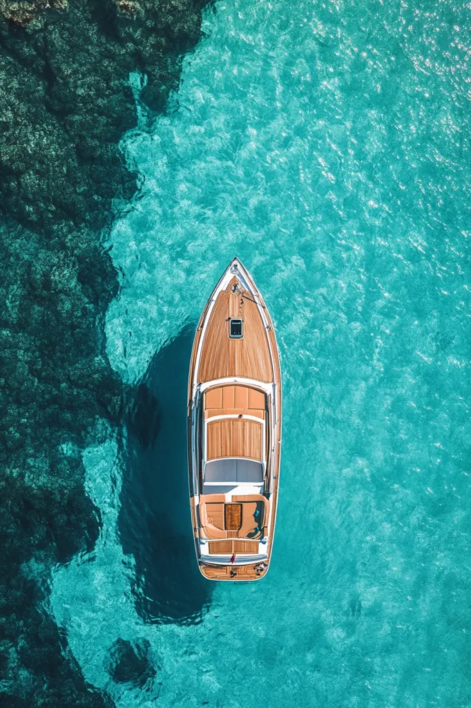Here is a description of the image:

An aerial shot captures a luxurious motorboat gracefully gliding across a vibrant turquoise sea. The boat's wooden deck gleams, contrasting beautifully with the clear, shallow water. A darker, possibly rocky, seabed is visible in the upper left corner, creating a striking contrast with the lighter hues of the water where the boat floats. The image conveys a sense of serenity and opulence, suggesting a tranquil getaway on a sunny day.