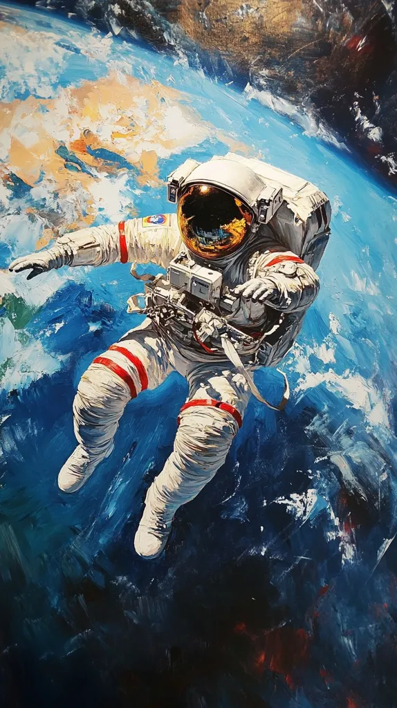 A vibrant painting depicts an astronaut floating in space, a breathtaking view of Earth curving beneath them. The astronaut's suit is detailed, with visible red stripes and equipment. The Earth's surface is rendered with textured brushstrokes, showing swirling blues and earthy tones. The background is a mix of deep blues and blacks, suggesting the vastness of space. The overall style is expressive and painterly, focusing on capturing a feeling of awe and isolation.