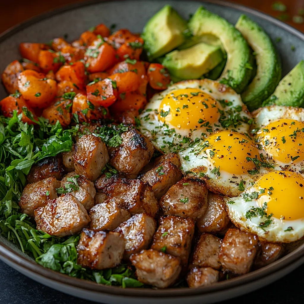 A vibrant breakfast bowl overflows with delicious ingredients.  Perfectly fried eggs with golden yolks are nestled amongst diced, pan-seared meat, likely steak or pork.  Roasted red and orange peppers add a burst of color and sweetness, while fresh greens provide a healthy base.  Slices of ripe avocado complete the dish, adding creaminess and visual appeal.  The entire bowl is seasoned with fresh herbs, creating a hearty and visually stunning meal.