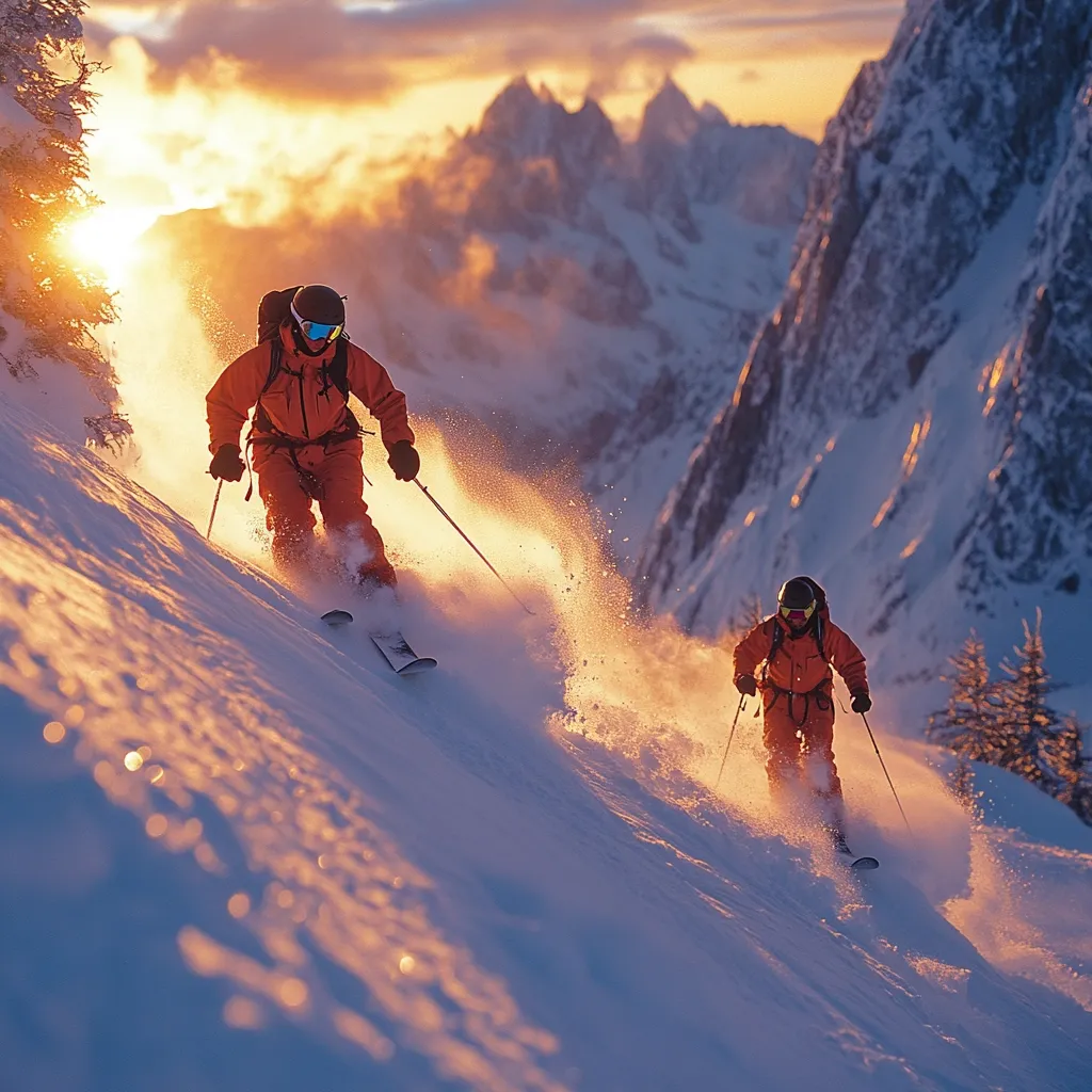 Two skiers in bright orange suits descend a snowy mountain slope at sunset.  The warm light illuminates the snow spray kicked up by their skis, creating a dramatic scene against the backdrop of jagged, snow-covered peaks.  The skiers appear to be enjoying a thrilling backcountry run, their figures silhouetted against the vibrant sky. The overall feeling is one of adventure and breathtaking natural beauty.