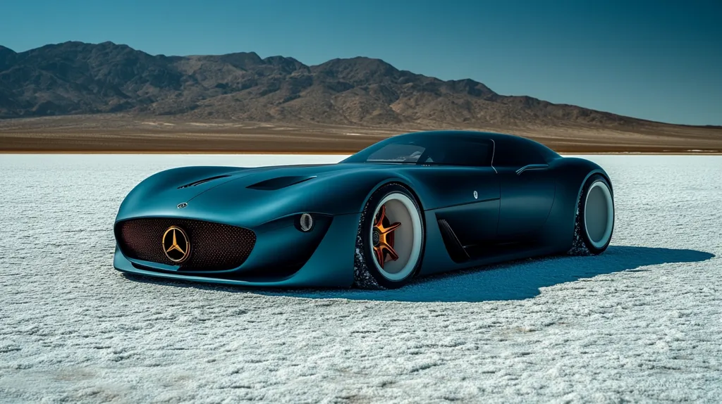 A sleek, dark teal Mercedes-Benz Vision AMG concept car sits on a vast, white salt flat. The car’s design is futuristic and low-slung, with distinctive wheels featuring a bronze-colored starburst design.  A dramatic mountain range forms a stark backdrop under a clear blue sky. The scene is minimalist, emphasizing the car's elegance against the expansive, arid landscape.