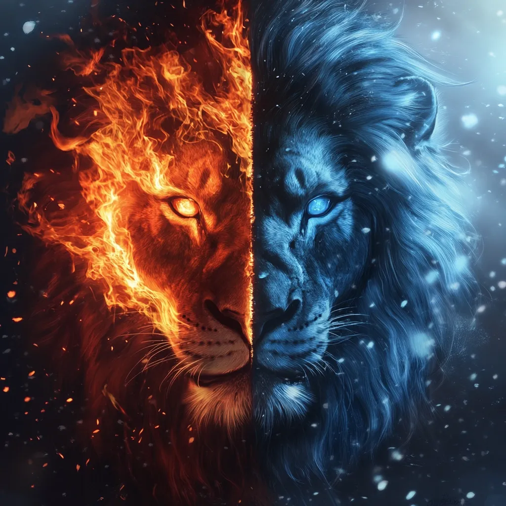 Here's a description of the image:

The image is a digital artwork depicting a lion's face split down the middle.  One half is engulfed in vibrant, fiery orange and red flames, while the other half is encased in icy, cool blue. The lion's eyes reflect the opposing elements—fiery orange on one side and glowing icy blue on the other.  The mane on each side flows dramatically, mirroring the contrasting themes of fire and ice.  A dark background with sparks of fire and falling snow enhances the contrast and creates a powerful, almost mythical, representation of opposing forces.
