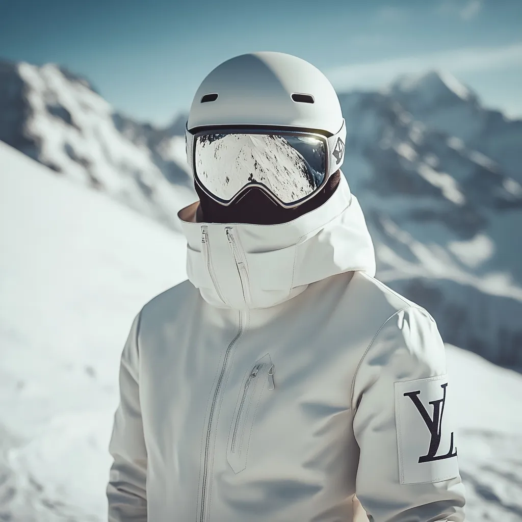 Here is a description of the image:

Close-up view of a person wearing a white Louis Vuitton ski suit.  The suit is sleek and modern, with a prominent Louis Vuitton logo patch on the sleeve. The individual is wearing a white helmet and mirrored ski goggles, obscuring their face. The background is a snow-covered mountain landscape under a bright, clear sky. The overall impression is one of luxury and winter sports.