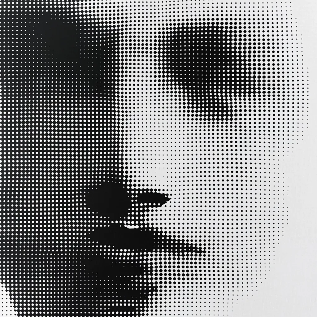 The image is a close-up, stylized portrait rendered in a halftone pattern.  Black and white dots of varying sizes create the illusion of depth and shading, depicting a portion of a person's face, focusing on the lower half. The style is reminiscent of pop art or early print techniques, with the dots creating a textured, almost grainy appearance. The overall effect is one of strong contrast and graphic simplicity.
