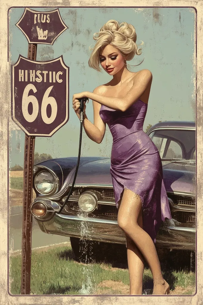 A vintage-style illustration depicts a blonde woman in a purple dress washing a classic car.  She holds a hose, water spraying onto the vehicle's front. A Route 66 highway sign is prominently displayed behind her, establishing a retro Americana theme. The image's color palette and textured background contribute to its nostalgic feel, reminiscent of pin-up art and mid-century advertising.  The scene evokes a sense of freedom and the open road.