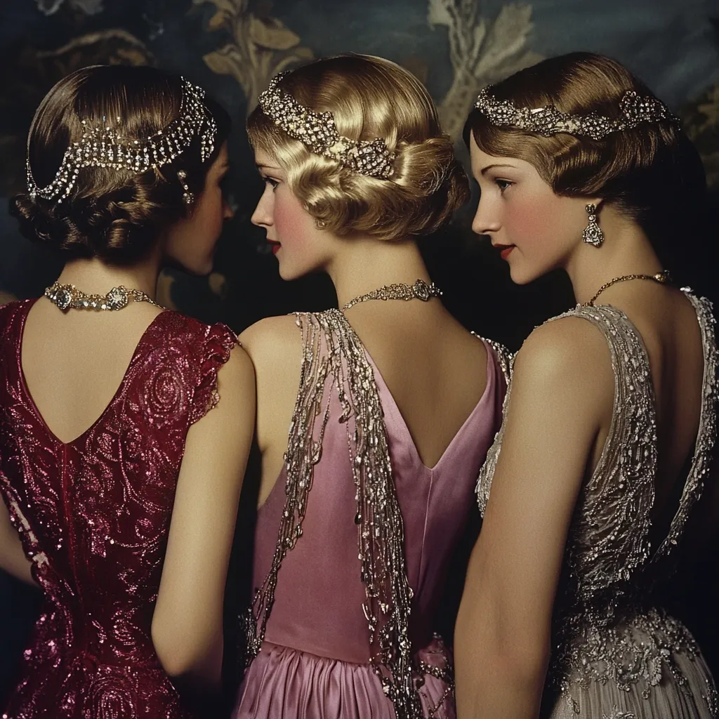 Three women, elegantly dressed in 1920s-style gowns, stand in profile.  Their backs are to the camera, showcasing intricately beaded dresses in shades of burgundy, mauve, and silver.  Each woman wears a jeweled headband and necklace, their hairstyles featuring short, waved bobs. The image evokes a sense of glamour and sophistication characteristic of the Jazz Age. The dark background highlights the shimmer of the dresses and jewelry.